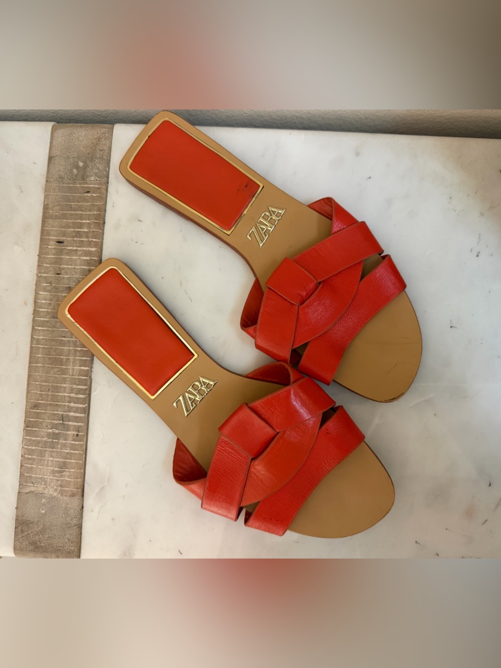 Zara Orange Crossed Strap Flat Slide Sandals Size 37/US 6.5 Summer Resortwear - Picture 2 of 4